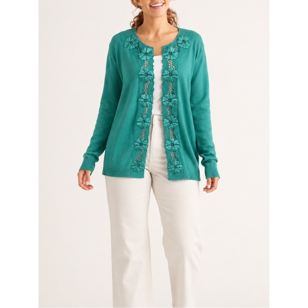 Susan Graver Green Embroidered Cardigan NWT
